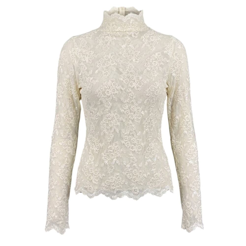 Vintage G Wheels Ivory Floral Lace Sheer Mock Neck Top Coquette Fairycore USA M